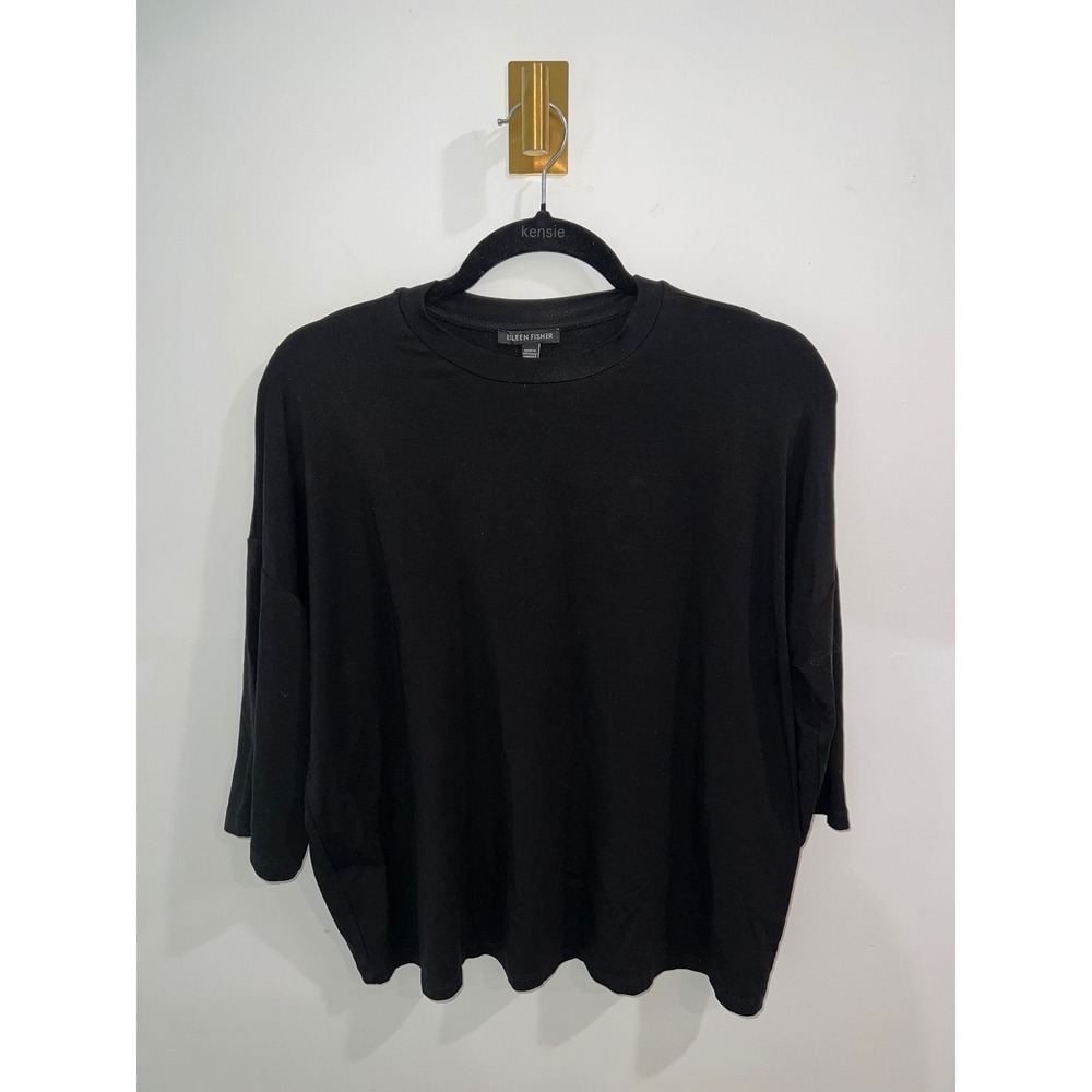 Eileen Fisher Black Quiet Luxury Tencel‎ Stretch Blouse Small Boxy Drop Shoulder